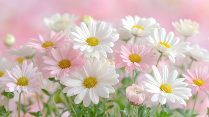 Pink and white daisies bouquet, soft background, spring flowers, greeting card
