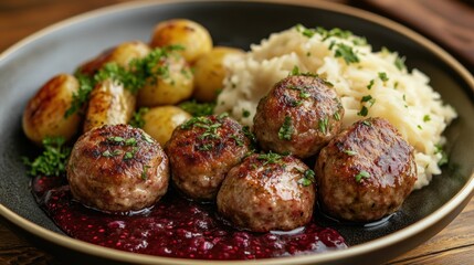 A Swedish meatball dish with lingonberry sauce