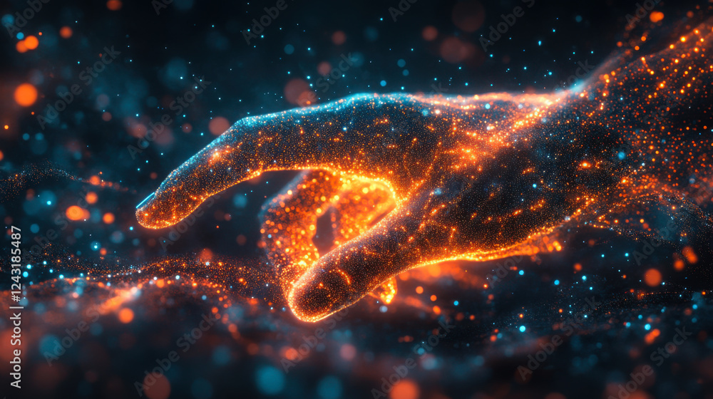Poster creative representation of a cosmic hand pointing in a digital universe filled with glowing particle