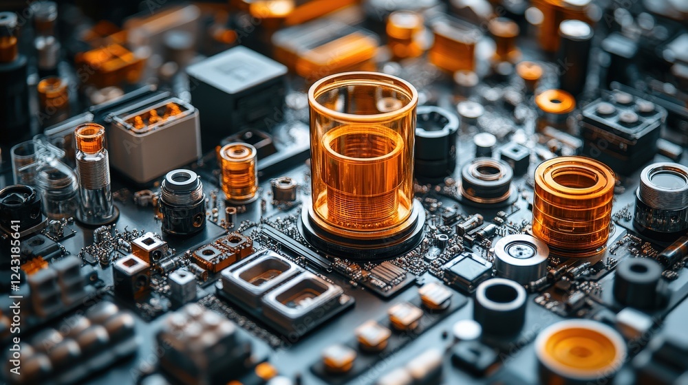 Aufkleber close-up of an intricate circuit board featuring a transparent orange component amidst various elect