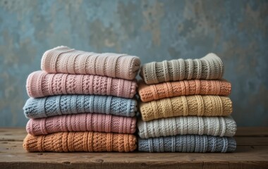 A stack of knitted sweaters in pastel colors on a wooden table with a textured wall in the background