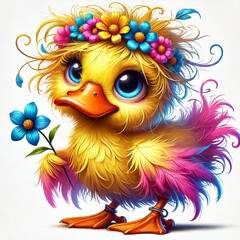 Naklejka premium A whimsical and colorful duckling character with messy, vibrant feathers in shades of yellow and pink on isolated white background for stickers