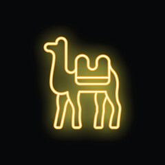 Bright yellow neon sign of a camel with a saddle standing on a black background
