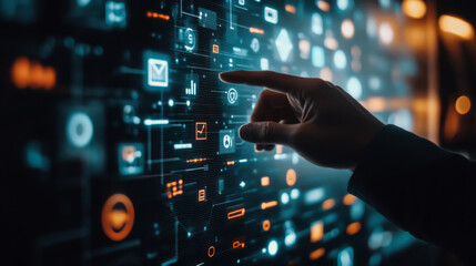 Interactive display showcasing digital data analysis in a modern tech environment at night