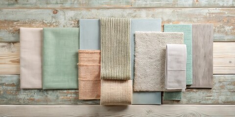 A Collection of Neutral-Toned Textiles and Wood Samples Arranged on a Rustic Wooden Surface for Interior Design Inspiration