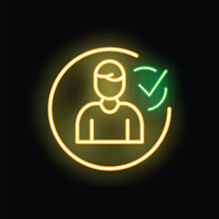 Neon icon of person with checkmark symbol, representing successful identification or verification process