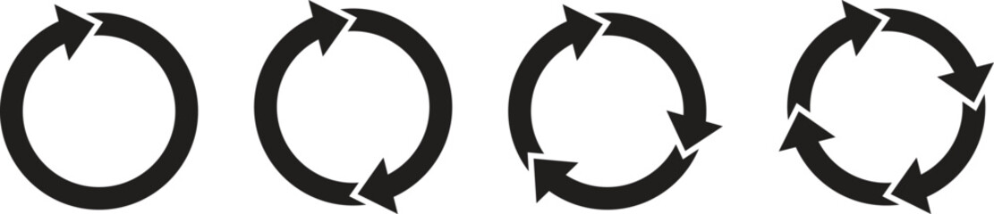 Circle arrow vector icon set. Rotation, recycle and refresh icon symbols with one, two, three and four arrows. Vector illustration