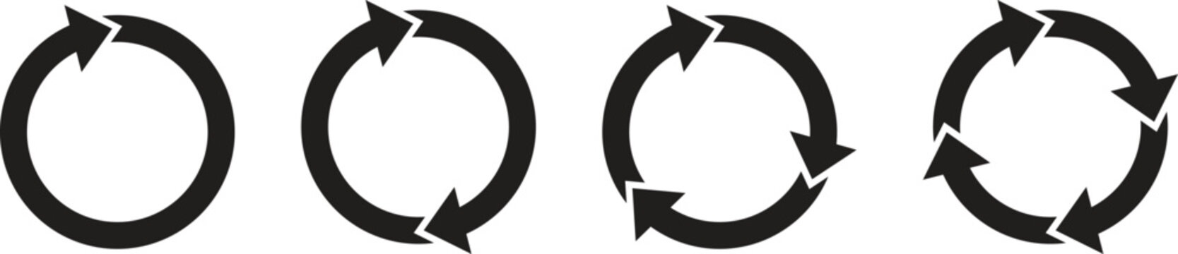 Circle arrow vector icon set. Rotation, recycle and refresh icon symbols with one, two, three and four arrows. Vector illustration
