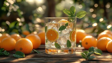 Refreshing iced drink with citrus and mint in orchard setting