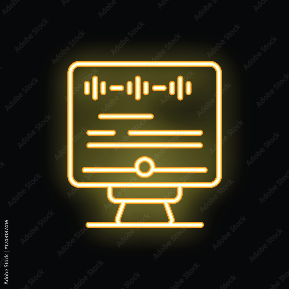 Poster minimalist neon icon of a desktop computer displaying a soundwave pattern, glowing yellow against a 