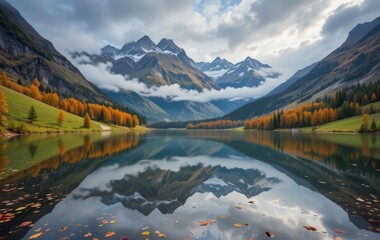 Fototapeta premium A lake surrounded by colorful trees in the autumnal Alps