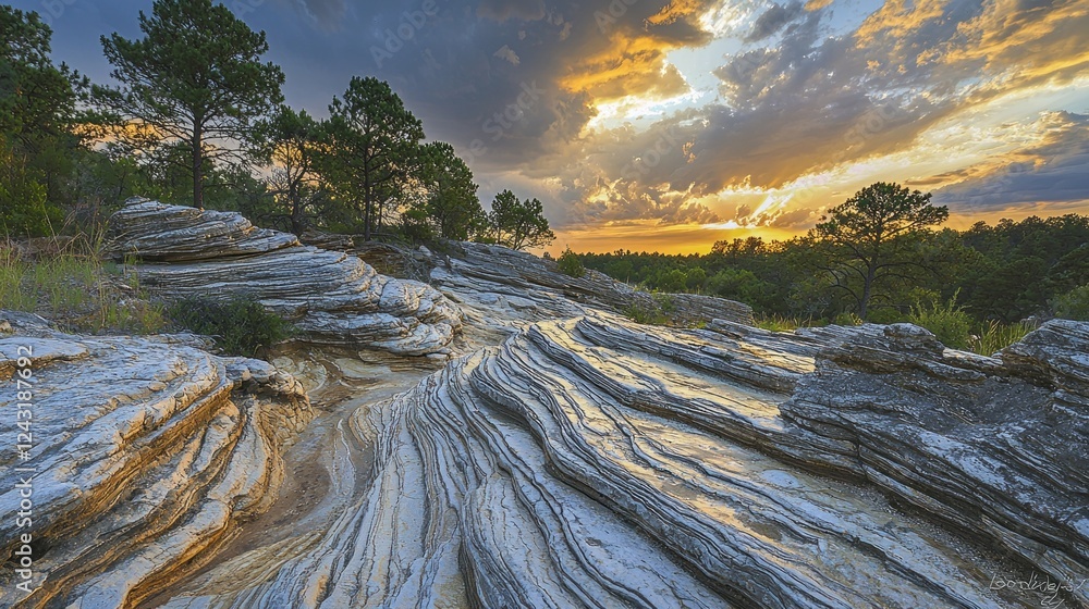 Aufkleber Golden light filters through a captivating cloud formation at dusk, casting shadows on the intricately layered rocks and surrounding pine trees in a tranquil outdoor setting