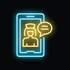 Neon sign representing online medical consultation with female nurse on smartphone screen and chatbox
