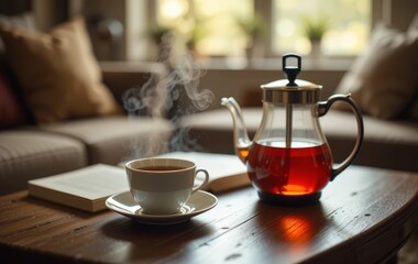 A cozy living room scene with a cup of tea, kettle, and book on a wooden table