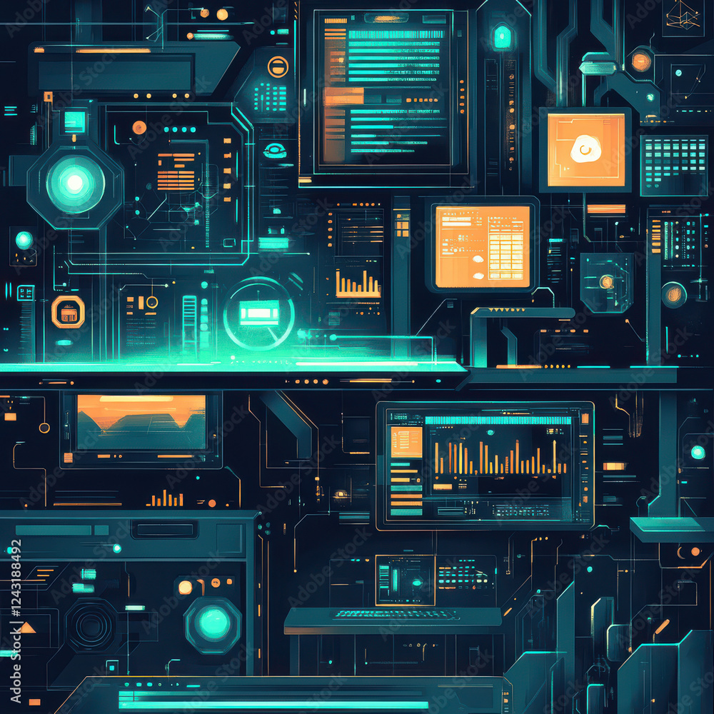 Poster digital transformation scene with ai tools, data analysis, and technology interfaces. this vibrant, 