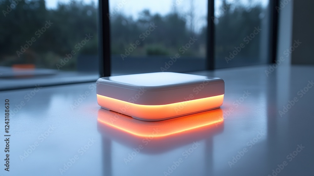 Aufkleber modern technology device emitting soft glow on a sleek table with nature outside window