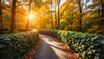 Scenic autumn path with sunlight shining through trees for blogs, websites, nature-themed designs, travel articles, lifestyle content, and outdoor inspiration