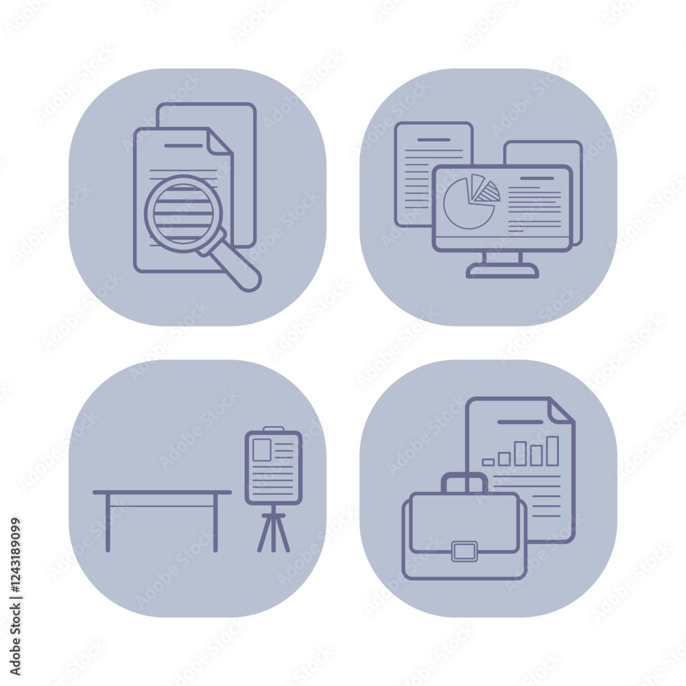 Poster collection of line icons with various business activities such as data analysis, report generation, 
