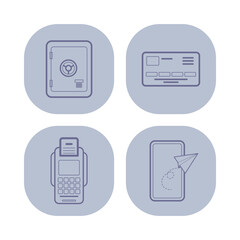 Collection of four business icons with safe, credit card, payment terminal, and smartphone. Financial security and transactions concept