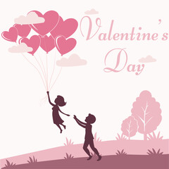 Illustration for St. Valentine s Day on February 14. A couple of a man and a woman. A man gives his hearts. A woman flies away in balloons in the form of hearts. Pink tones