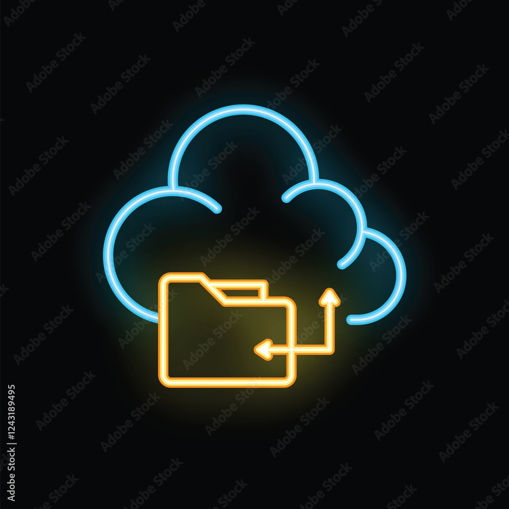 Aufkleber neon icon of folders uploading to the cloud representing cloud storage service