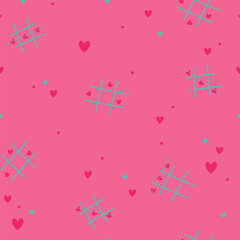 Seamless pattern with hearts, game tic tac toe with hearts. Hand drawn vector illustration for Valentine's Day.