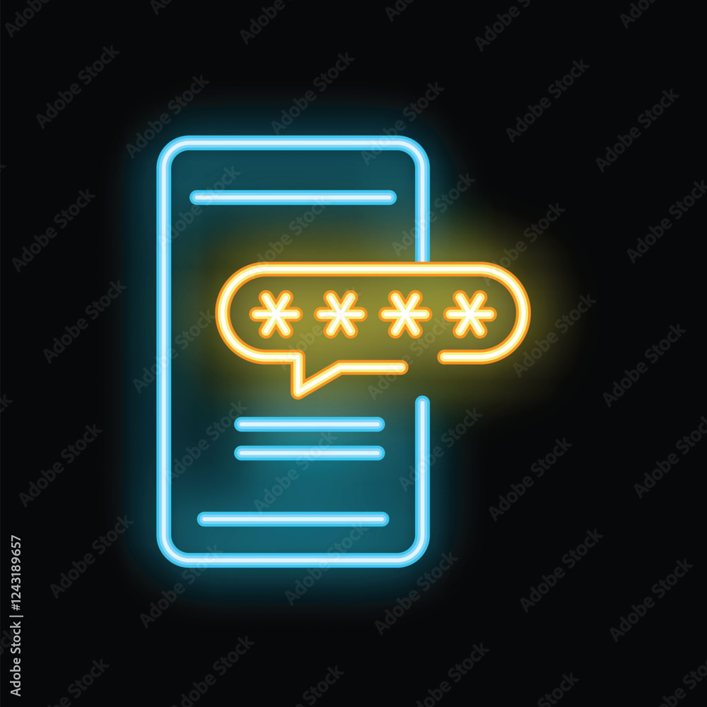 Poster neon glowing smartphone showing password protection with asterisks in a speech bubble