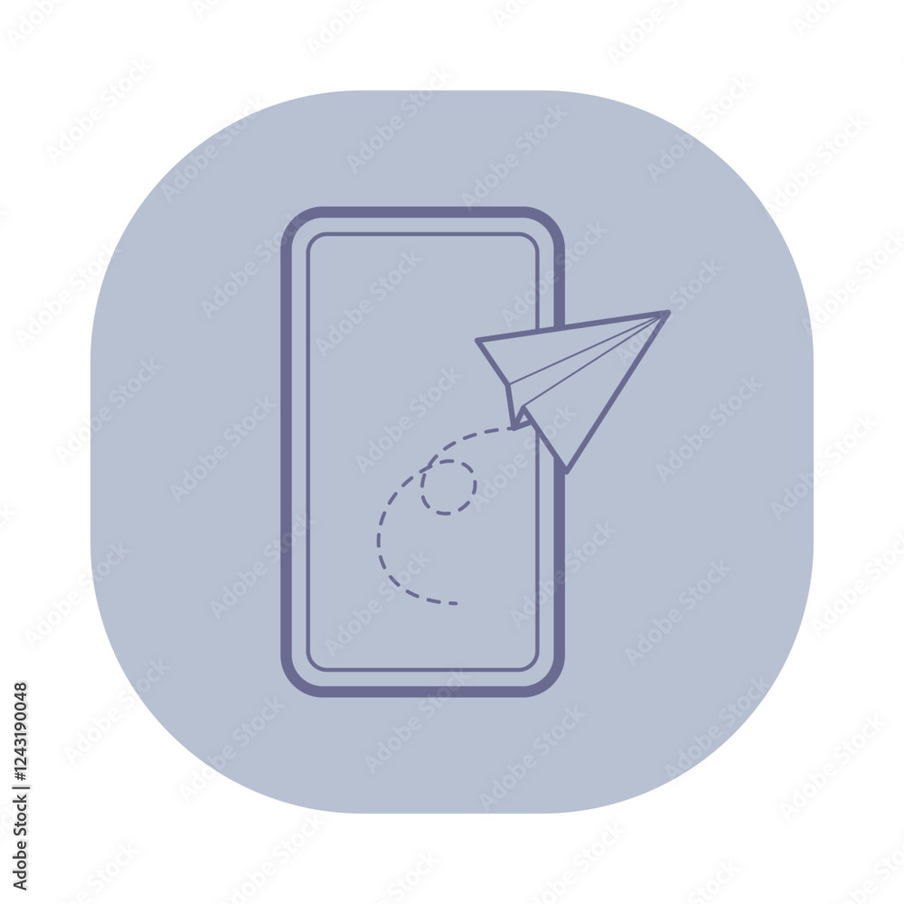Poster line icon of smartphone and paper airplane. sending messages digitally in professional environment c