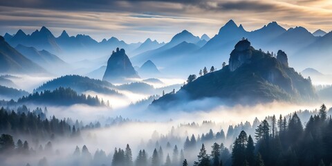 Serene Mountain Range Enveloped in Misty Dawn's Embrace, a Breathtaking Panorama of Peaks and Valleys