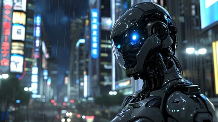 A robot stands in a futuristic city with neon lights.