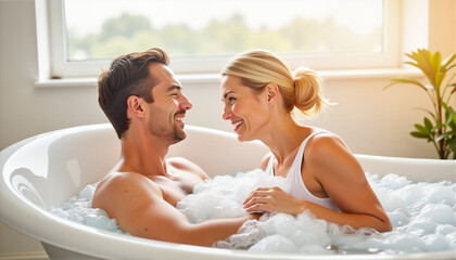 Couple enjoying a joyful moment in a bubble bath at home for wellness blogs, lifestyle websites, relationship advice, greeting cards, and romantic stationery designs