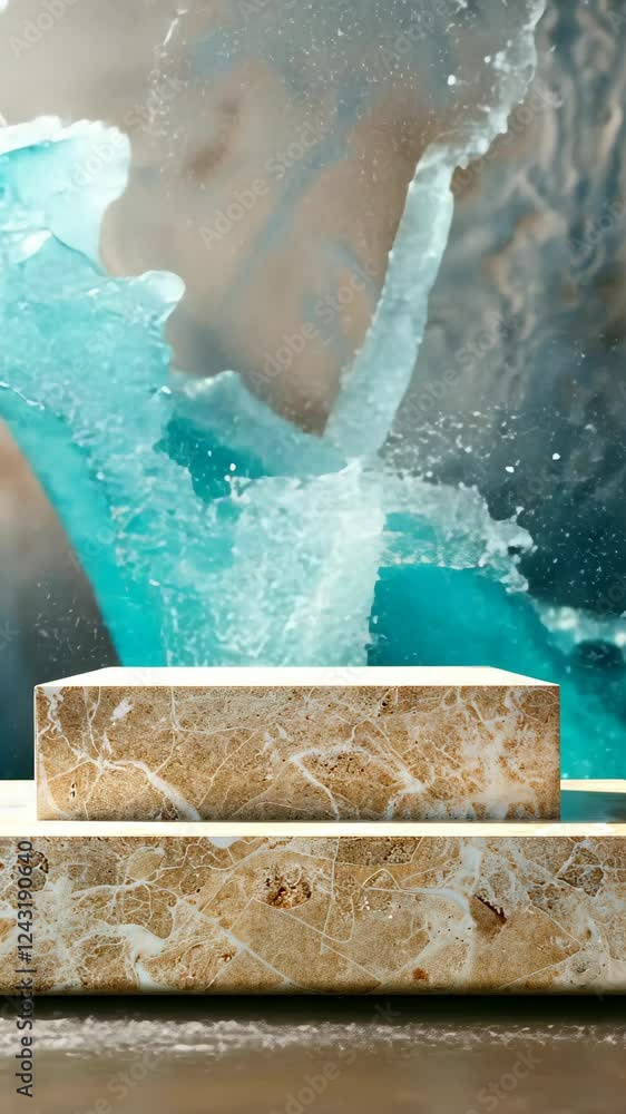 Poster an empty podium constructed from natural stone is showcased in front of a dynamic backdrop featuring