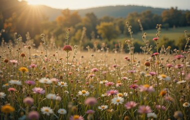 A beautiful meadow with colorful flowers and a sunrise in the background