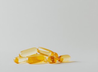 Pile of yellow fish oil softgels on a white background, high-resolution photography, stock photo, copy space for text, and minimalistic design.