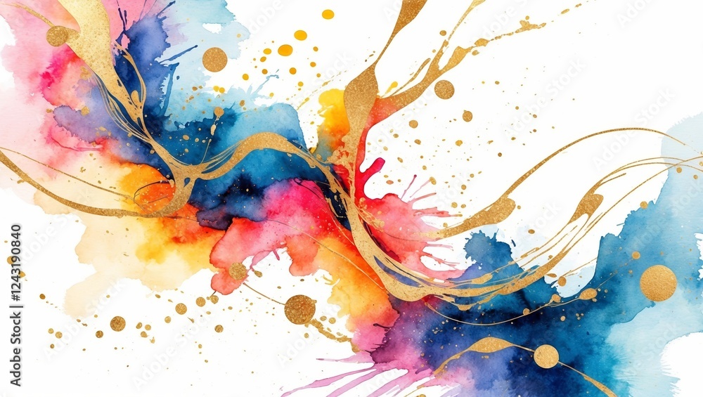 Aufkleber vibrant watercolor abstraction featuring splashes of color and golden accents in dynamic patterns
