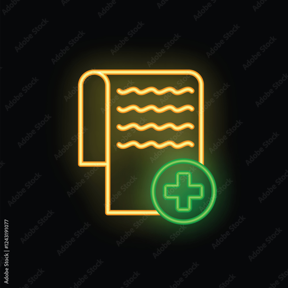 Poster neon green add button on document icon glowing on black background