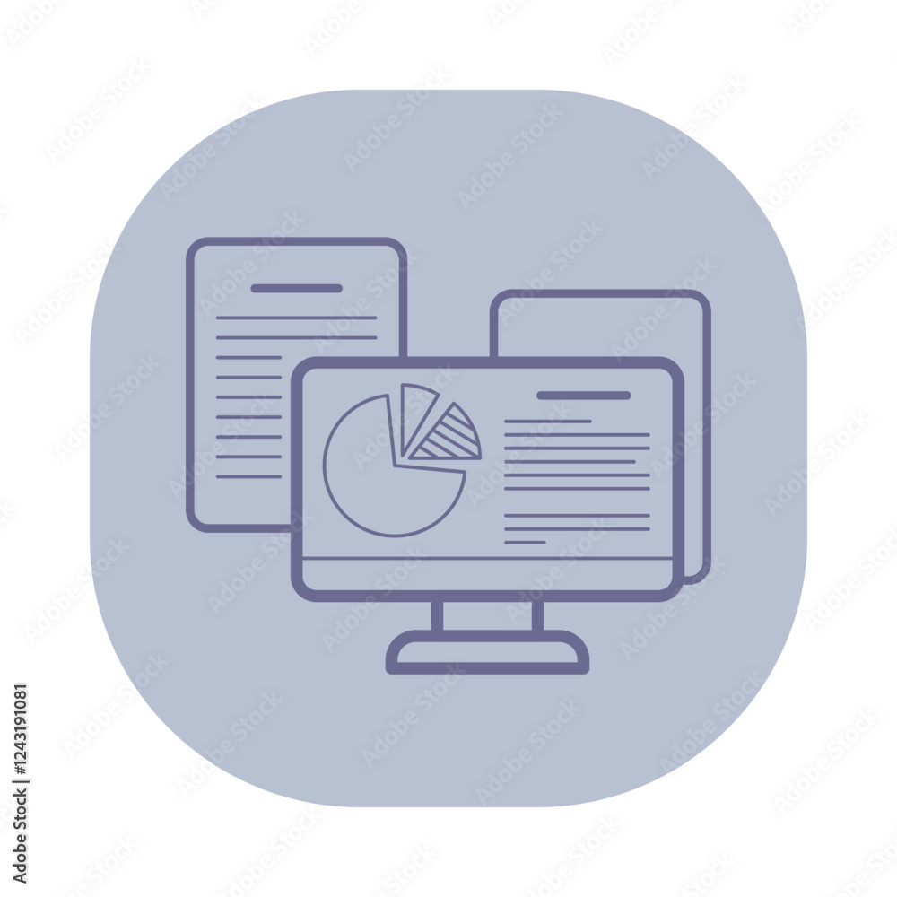 Poster icon of multiple documents and computer screen displaying pie chart. data analysis and business acti