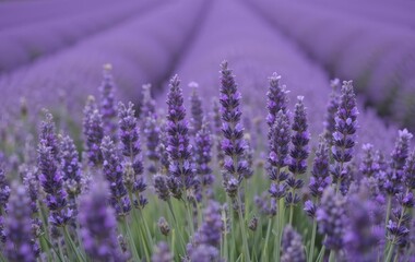Obraz premium A field of purple lavender flowers with a blue sky in the background