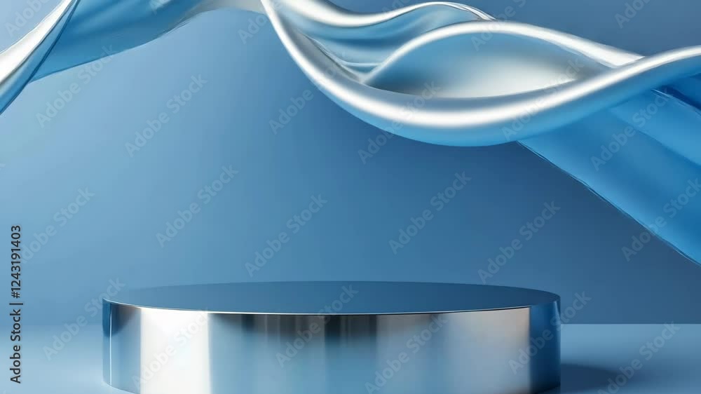 Poster empty podium is displayed against a dynamic backdrop of smooth, flowing fabric. the animated setting