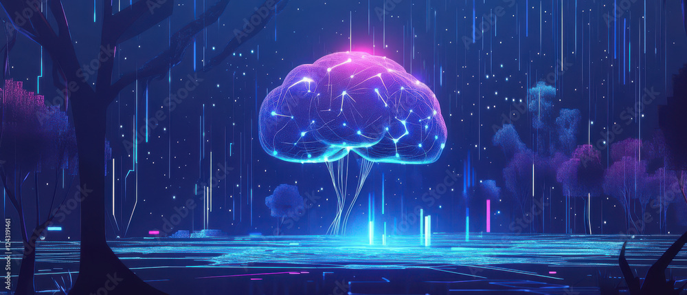 Poster vibrant digital brain surrounded by data streams and glowing elements, symbolizing machine learning 