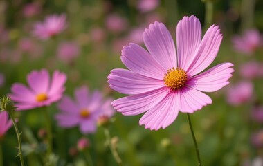 A garden filled with pink cosmos flowers in full bloom