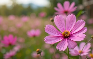 Obraz premium A garden filled with pink cosmos flowers in full bloom