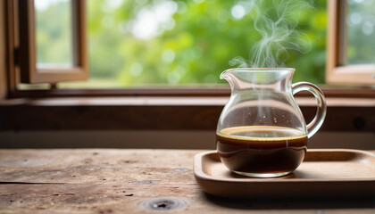 Coffee in a glass pitcher with steam on a wooden table by an open window for blogs, websites, cafe menus, kitchen decor, food-related content, and lifestyle presentations