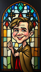 Caricature. Fictional character. Colorful stained glass window. Multicolored interior design template. Oil painting
