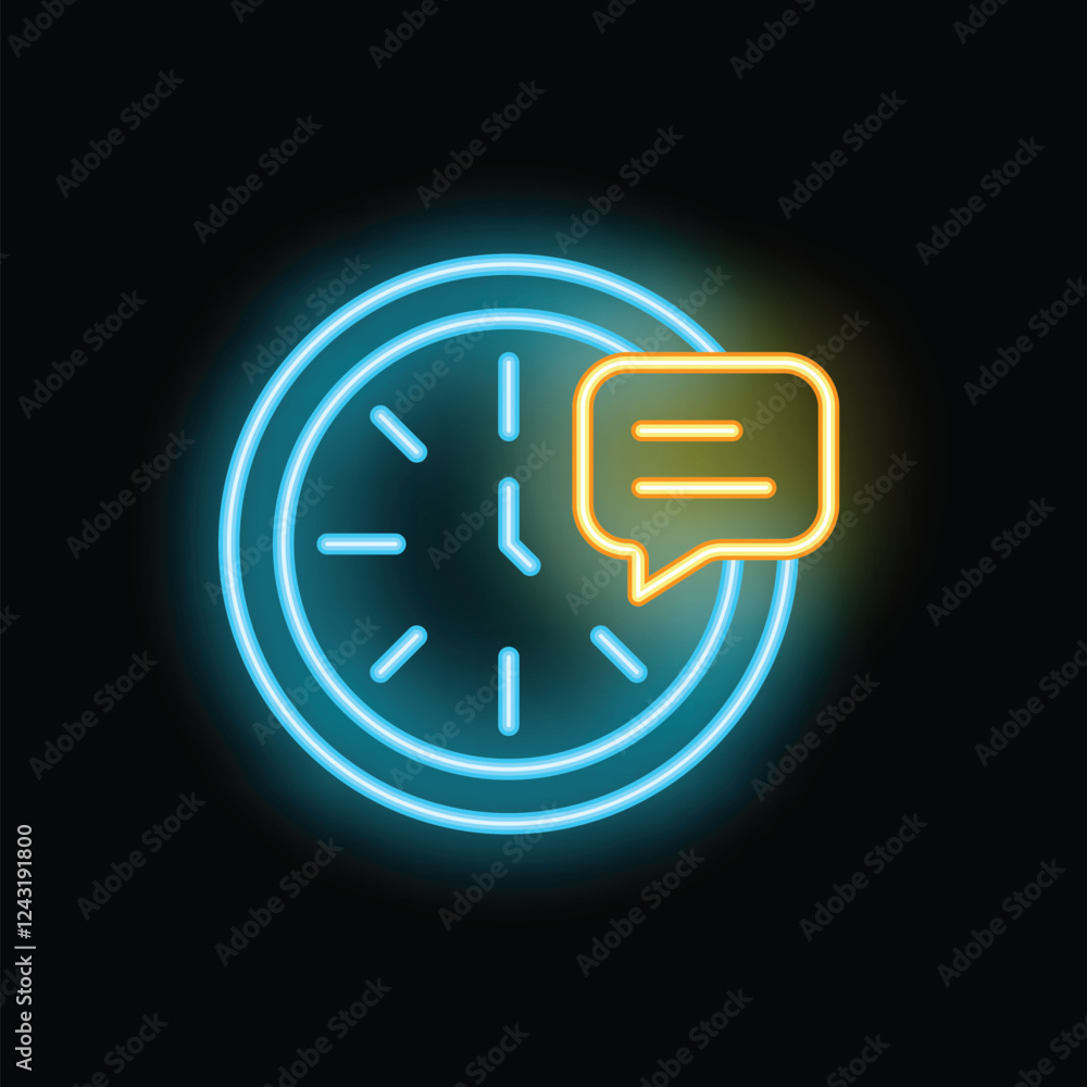 Poster neon sign showing a clock and a speech bubble, representing the concept of time management and commu