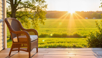 Fototapeta premium Rattan chair in radiant sunset on peaceful porch for blogs, websites, home decor, relaxation themes, outdoor activities, and lifestyle presentations