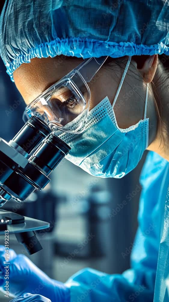 Poster researcher examining samples under a microscope in a lab setting during evening hours for scientific