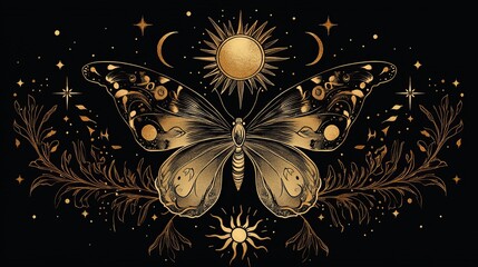 Gold butterfly with celestial and botanical elements. Minimal boho tattoo design featuring a sun, moon, and moth. Perfect for tarot decor and astrology enthusiasts.