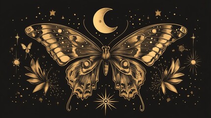 Gold butterfly with celestial and botanical elements. Minimal boho tattoo design featuring a sun, moon, and moth. Perfect for tarot decor and astrology enthusiasts.