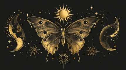 Gold butterfly with celestial and botanical elements. Minimal boho tattoo design featuring a sun, moon, and moth. Perfect for tarot decor and astrology enthusiasts.
